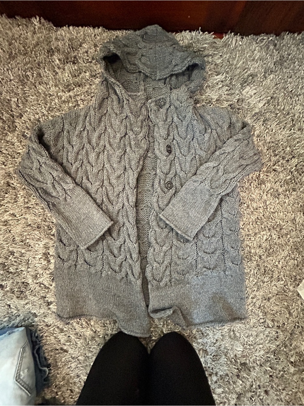 Gray Cable Knit Hooded Cardigan